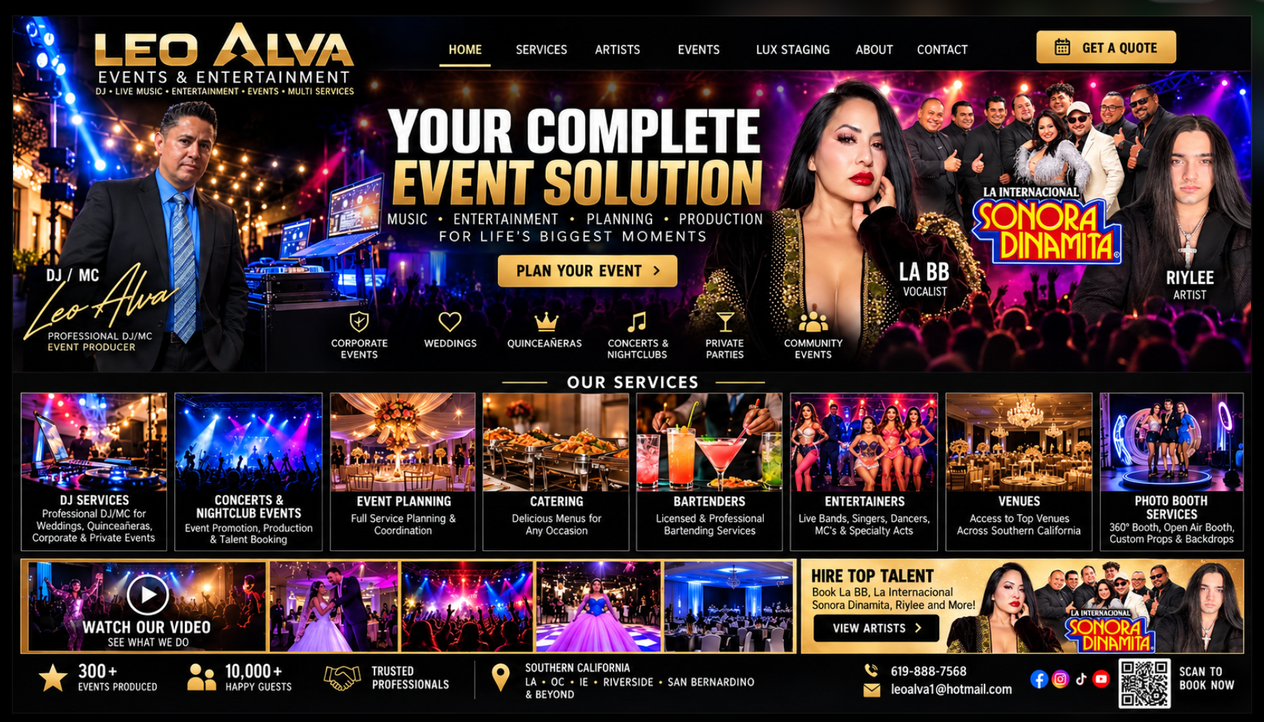 LA's Devastators approved premium black and gold homepage with DJ Leo, La BB, La Internacional Sonora Dinamita, Riylee and event services